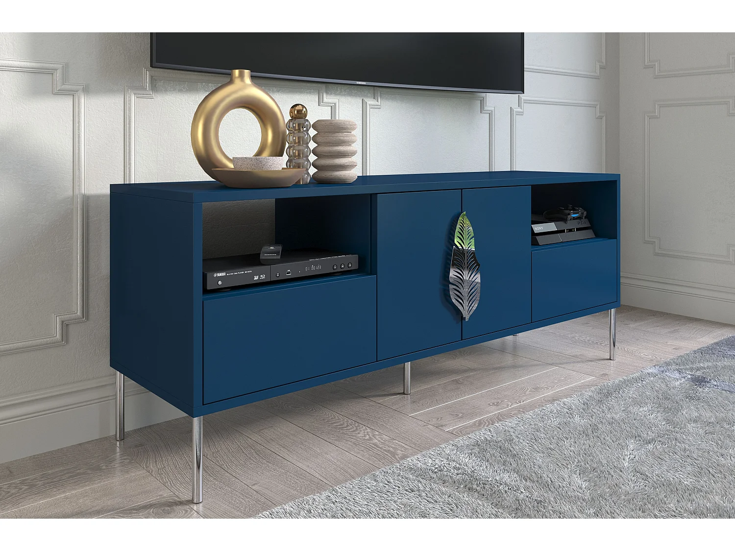 Meuble TV MERLIN en bleu marine avec des accents argentés / 138 cm