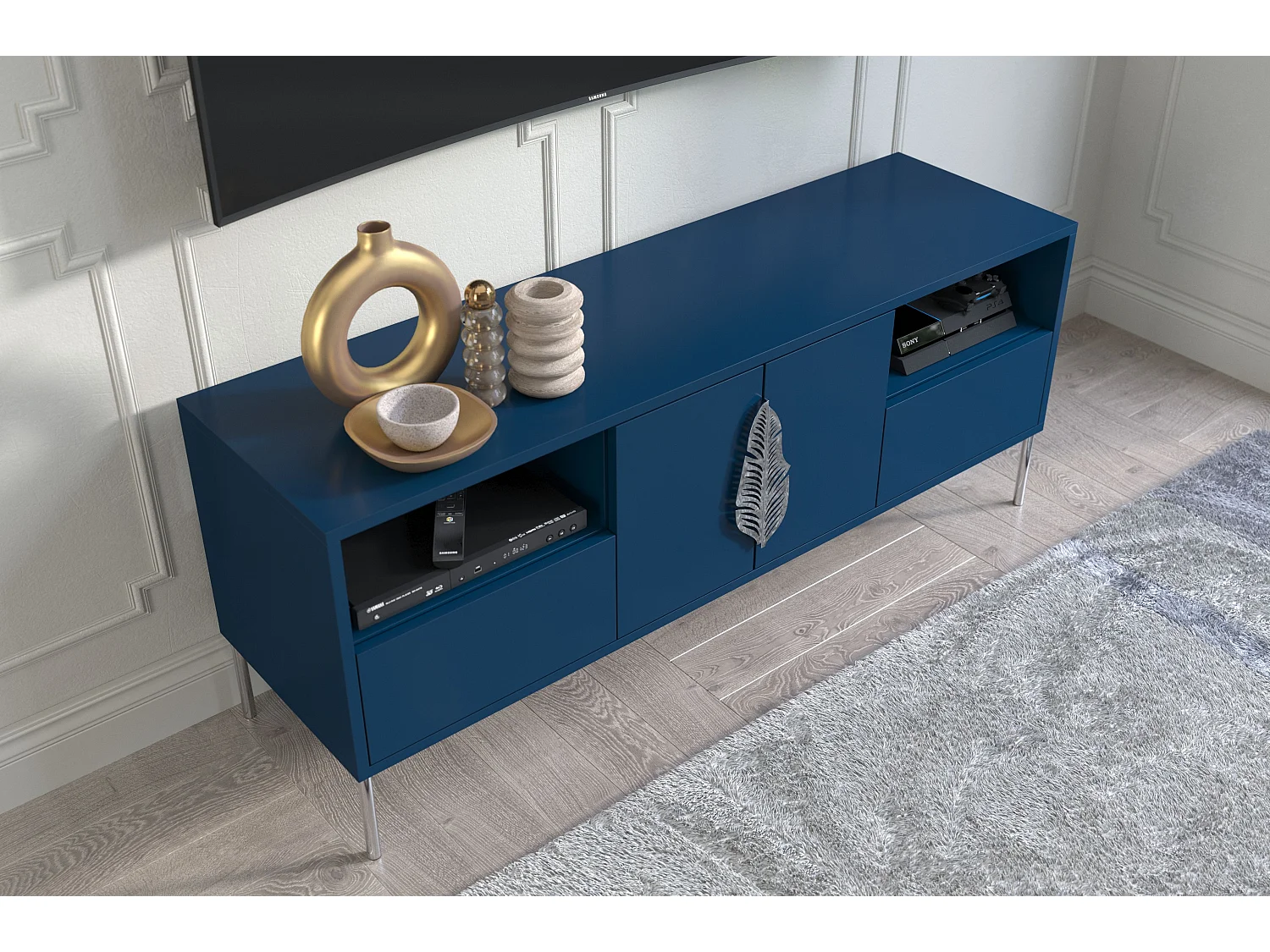 Meuble TV MERLIN en bleu marine avec des accents argentés / 138 cm