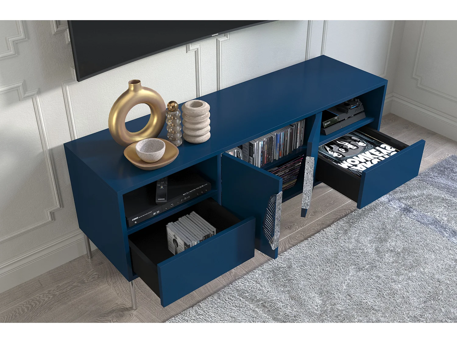 Meuble TV MERLIN en bleu marine avec des accents argentés / 138 cm