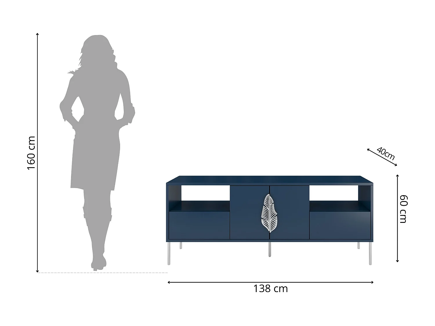 Meuble TV MERLIN en bleu marine avec des accents argentés / 138 cm