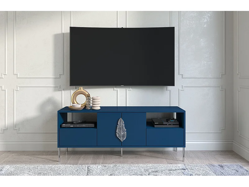 Meuble TV MERLIN en bleu marine avec des accents argentés / 138 cm