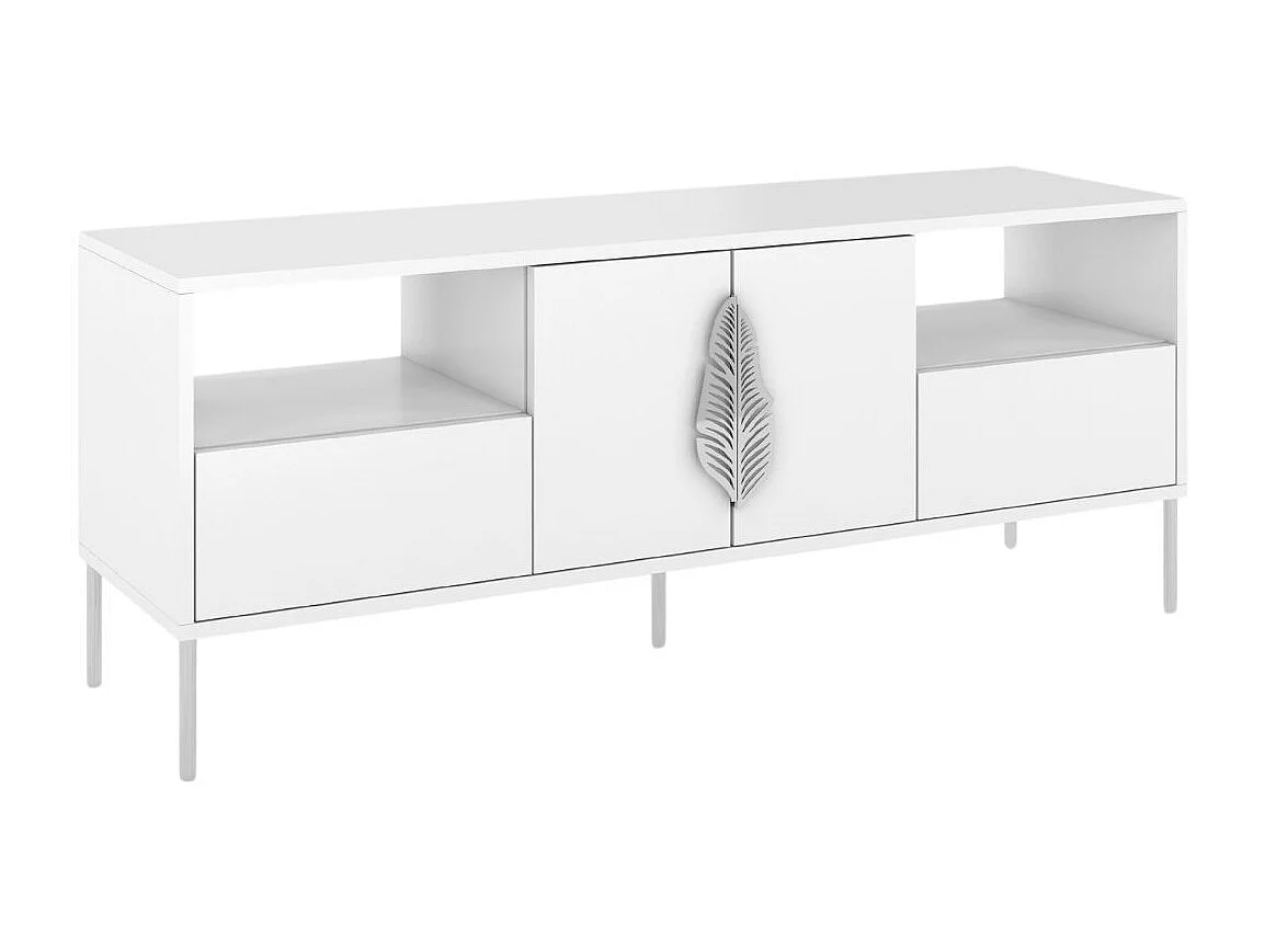Biała komoda RTV Skandica MERLIN ze srebrnymi dodatkami