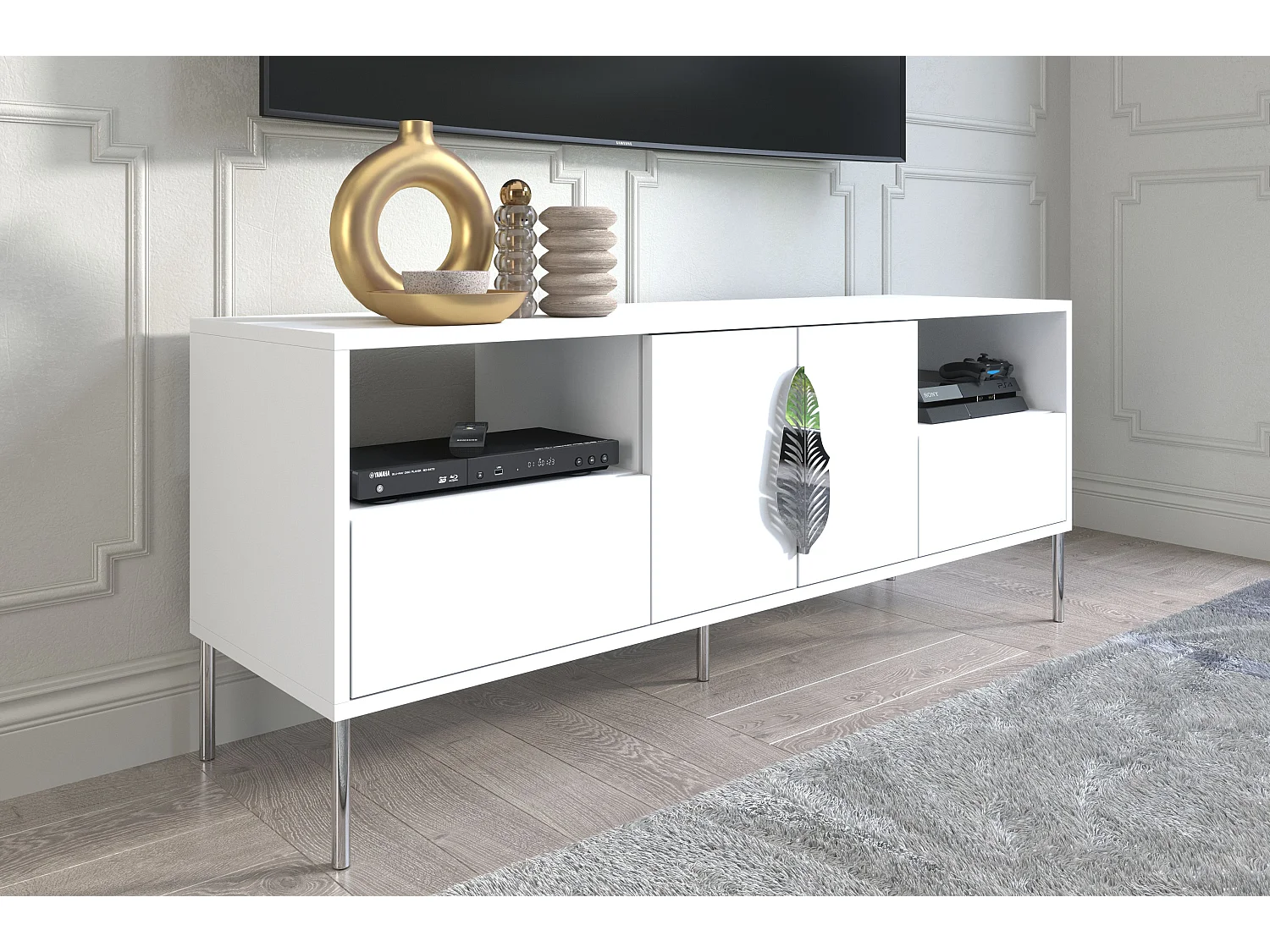 Meuble TV MERLIN blanc avec accessoires argent / 138 cm