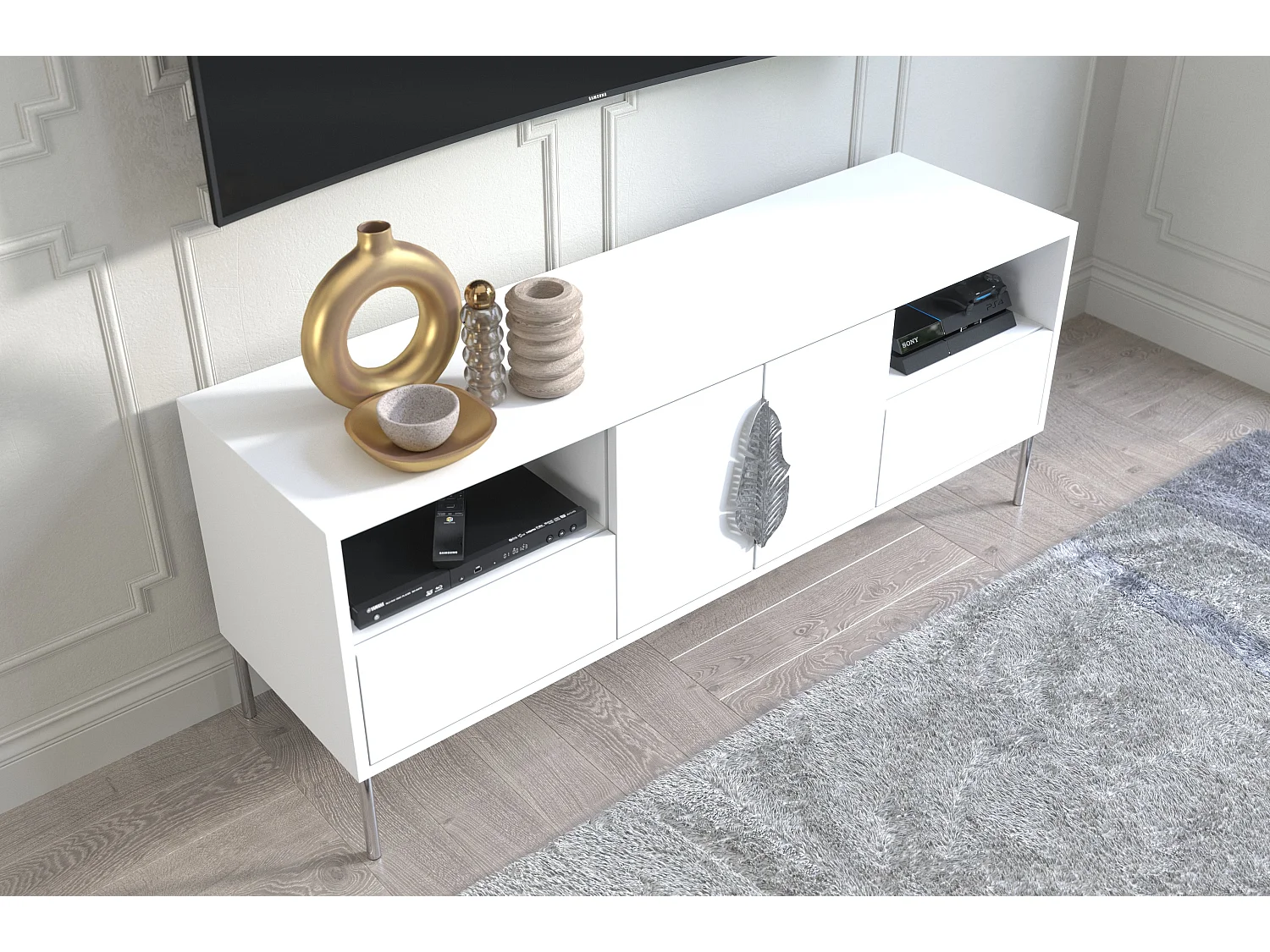 Meuble TV MERLIN blanc avec accessoires argent / 138 cm