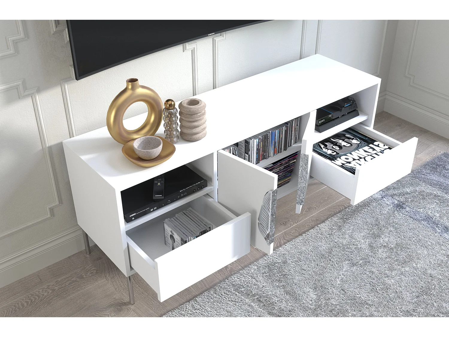 Meuble TV MERLIN blanc avec accessoires argent / 138 cm