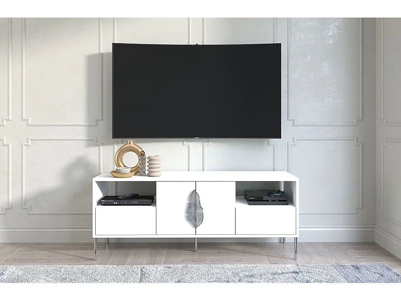 Meuble TV MERLIN blanc avec accessoires argent / 138 cm