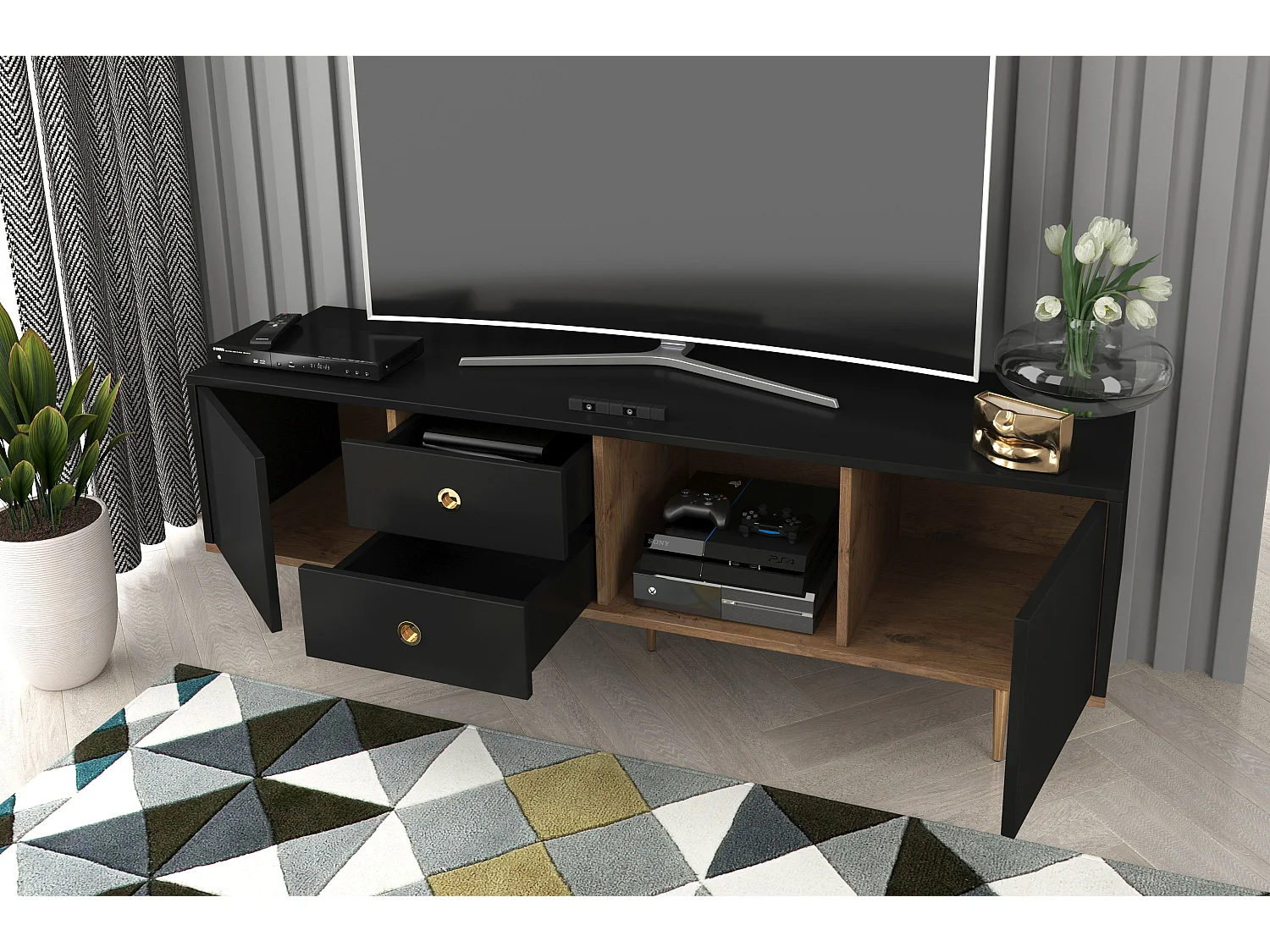 Lowboard Harmoni, schwarz, eiche, goldene details