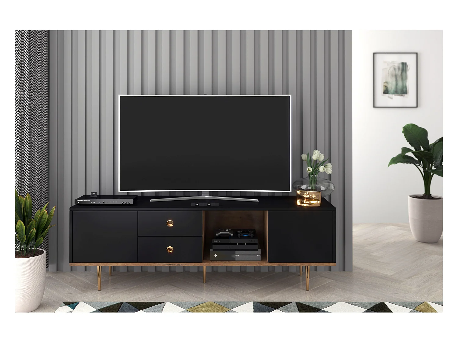 Meuble TV moderne noir HARMONI / 160 cm
