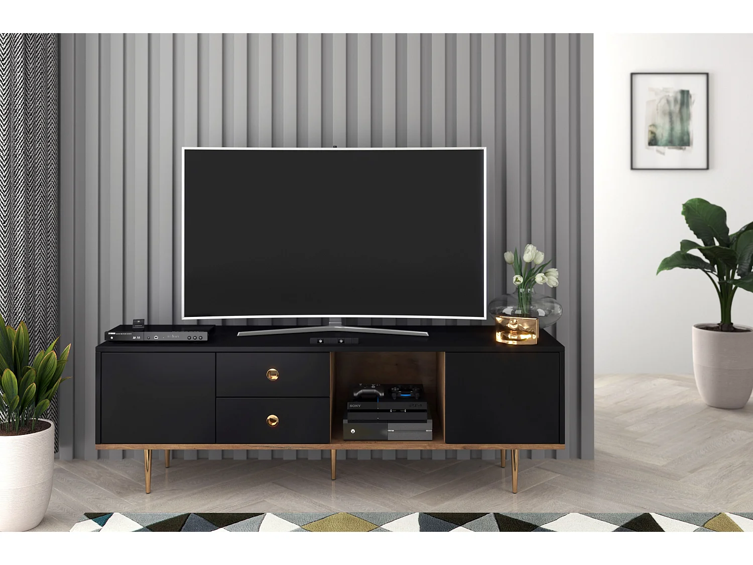 Meuble TV moderne noir HARMONI / 160 cm