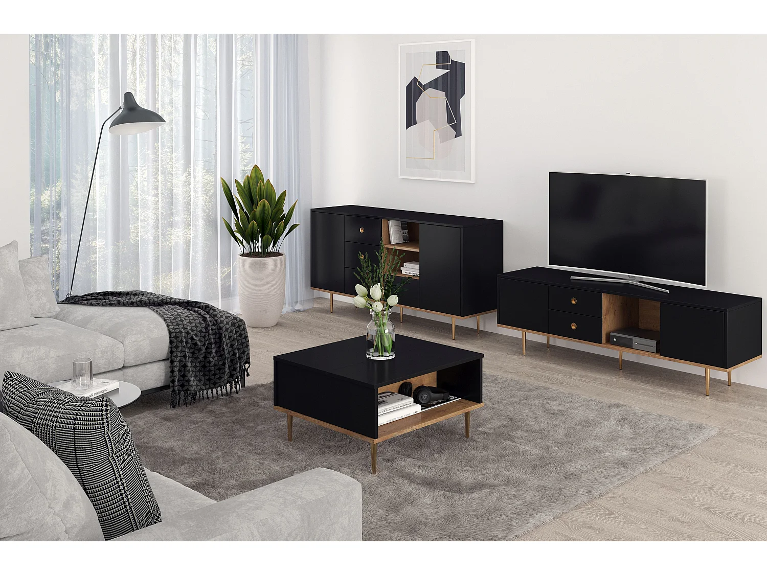 Meuble TV moderne noir HARMONI / 160 cm