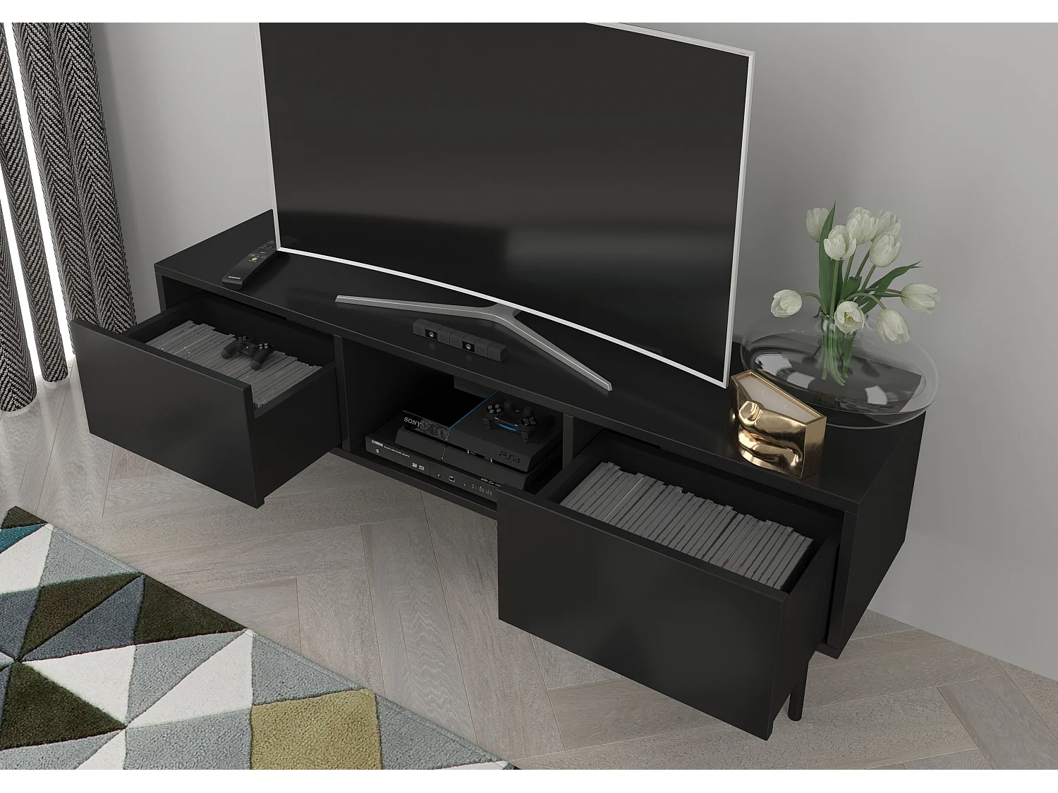 Lowboard Mirka, schwarz, push to open system, minimalistisch