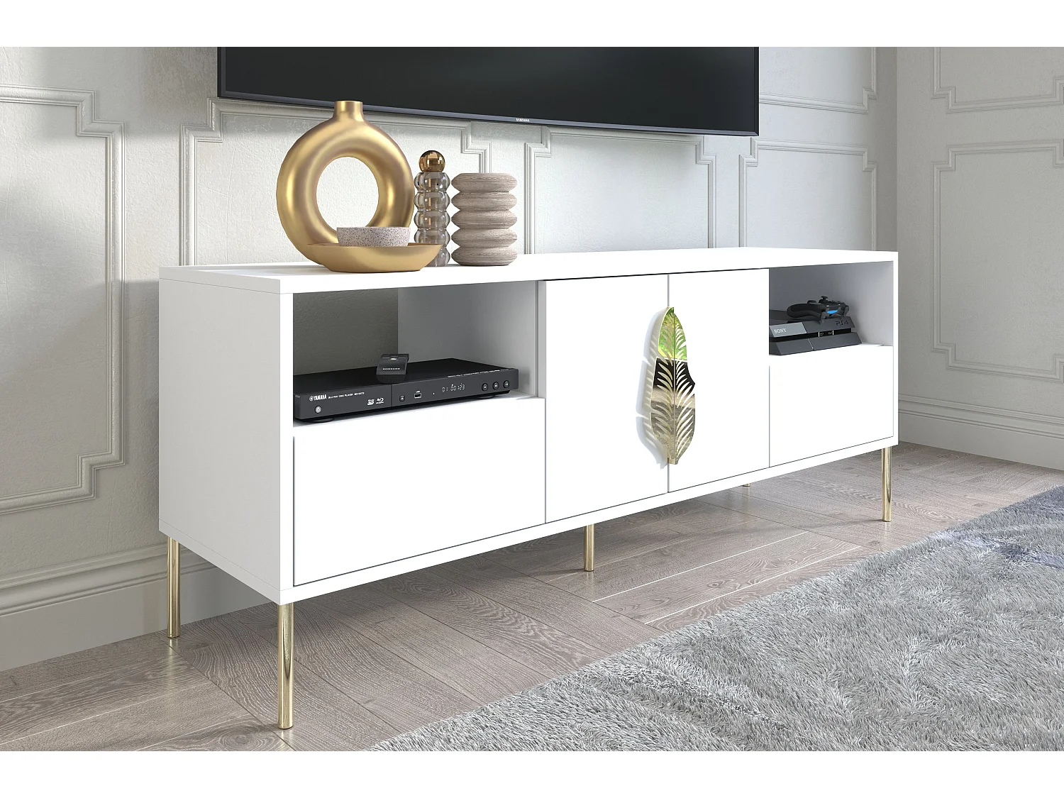 Meuble TV blanche MERLIN avec accessoires dorés / 138 cm