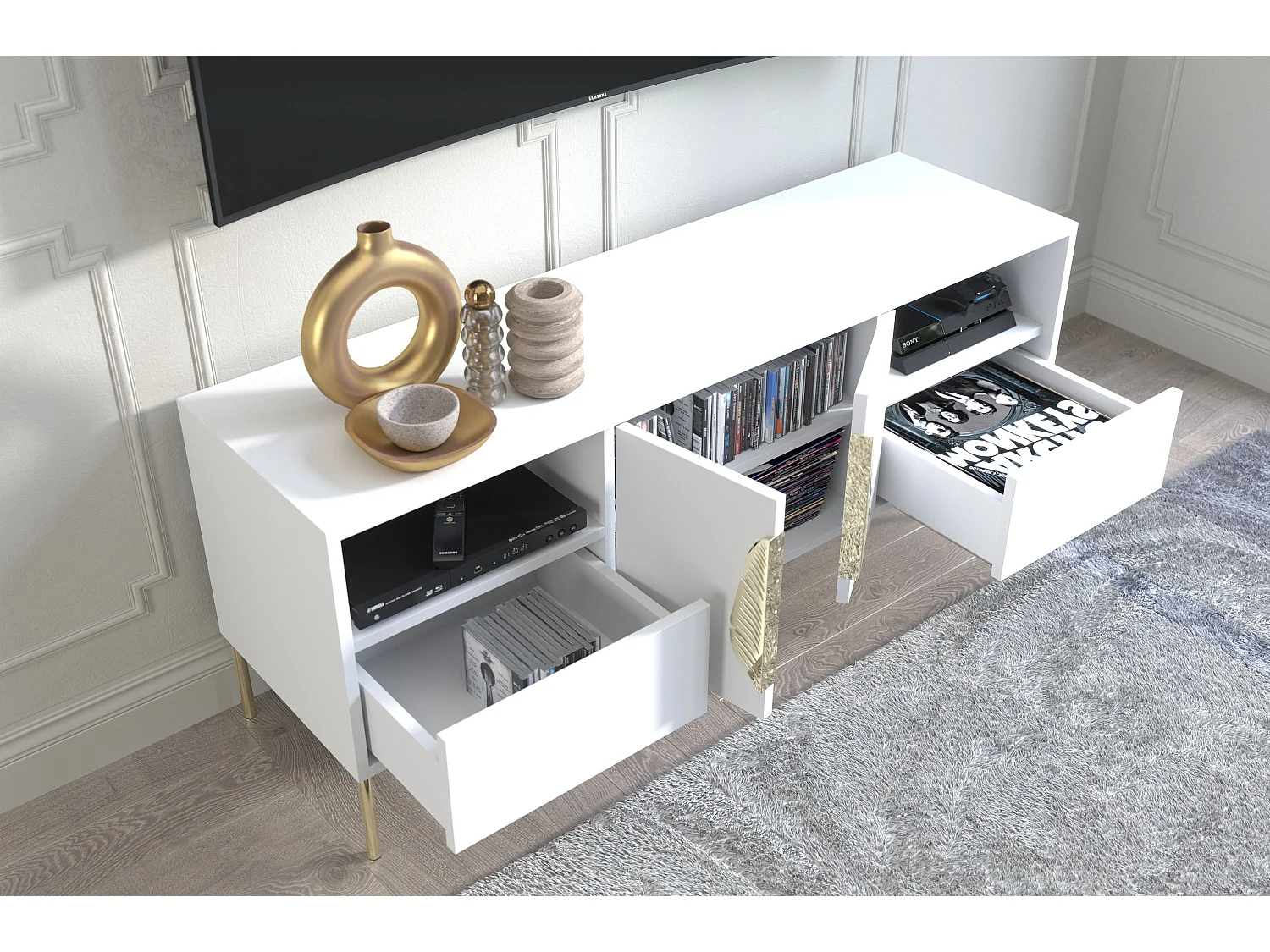 Meuble TV blanche MERLIN avec accessoires dorés / 138 cm