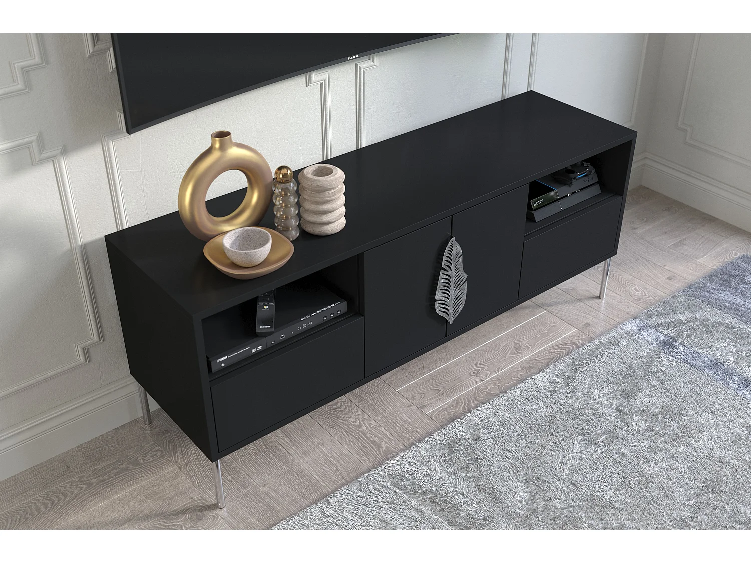 Czarna komoda RTV Skandica MERLIN ze srebrnymi dodatkami