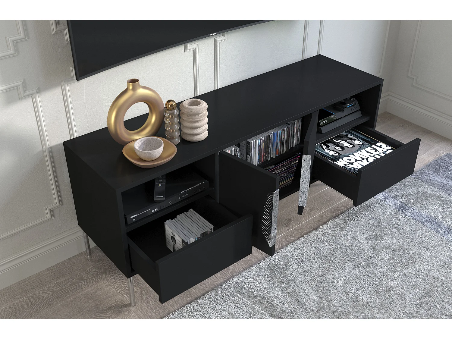 Czarna komoda RTV Skandica MERLIN ze srebrnymi dodatkami