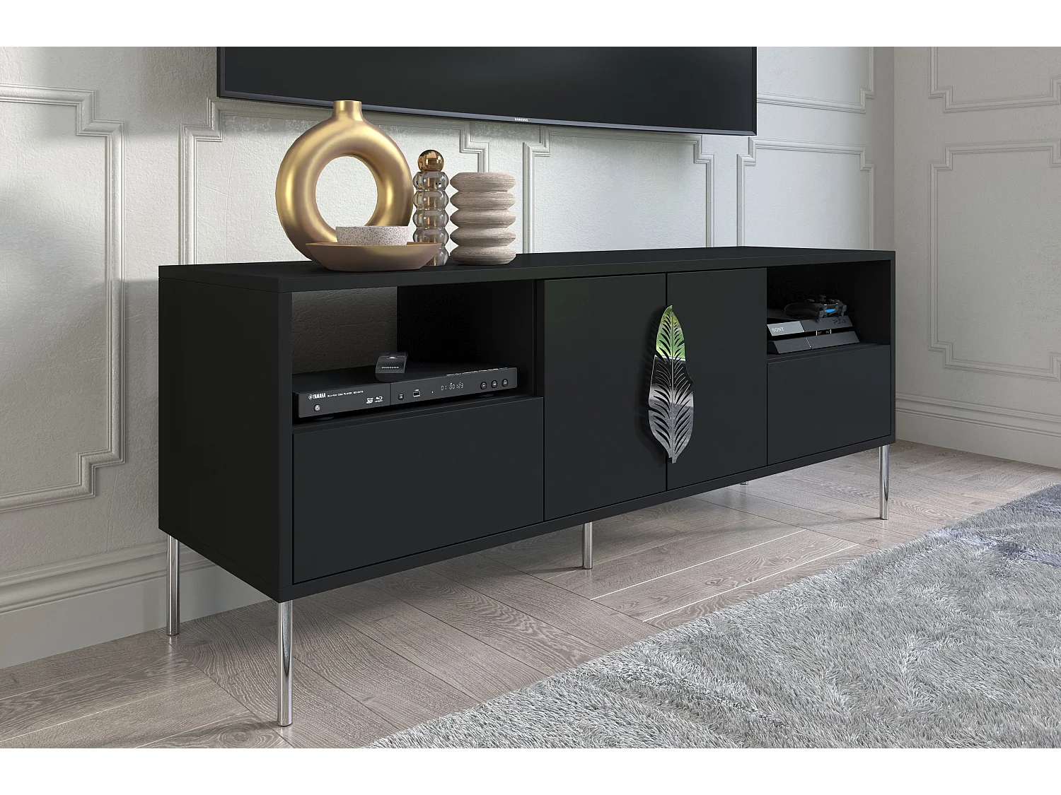 Lowboard Merlin, schwarz, silberne details