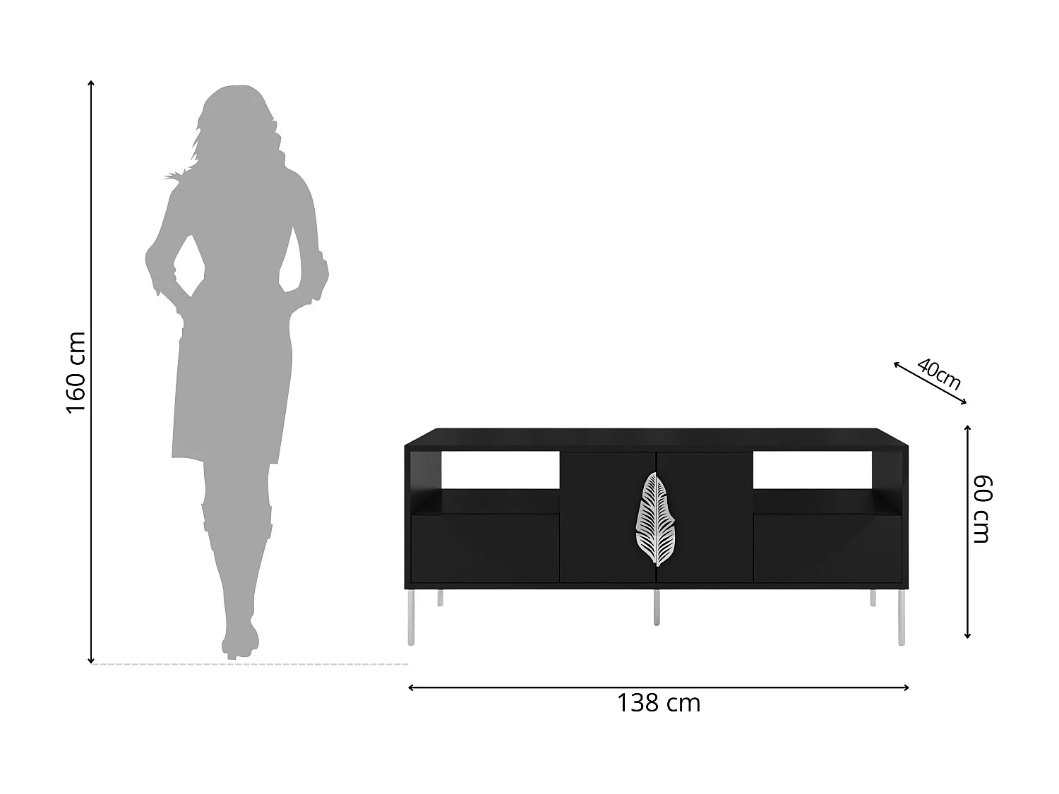 Lowboard Merlin, schwarz, silberne details
