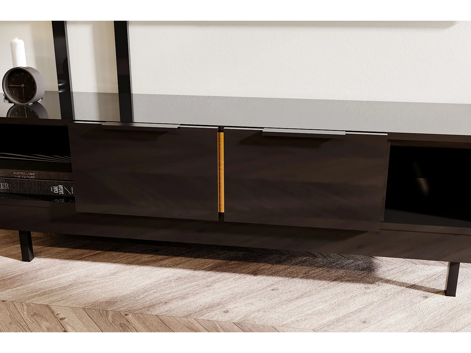 Lowboard Artemisa schwarz, goldener akzent, hochglanz