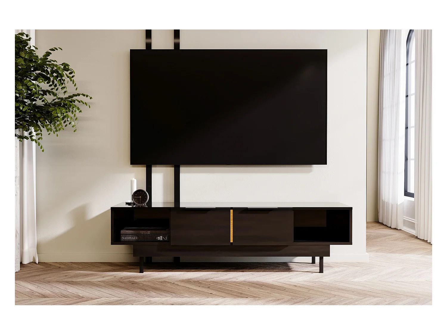 Meuble TV élégante noire ARTEMISA avec des accessoires dorés / 163 cm