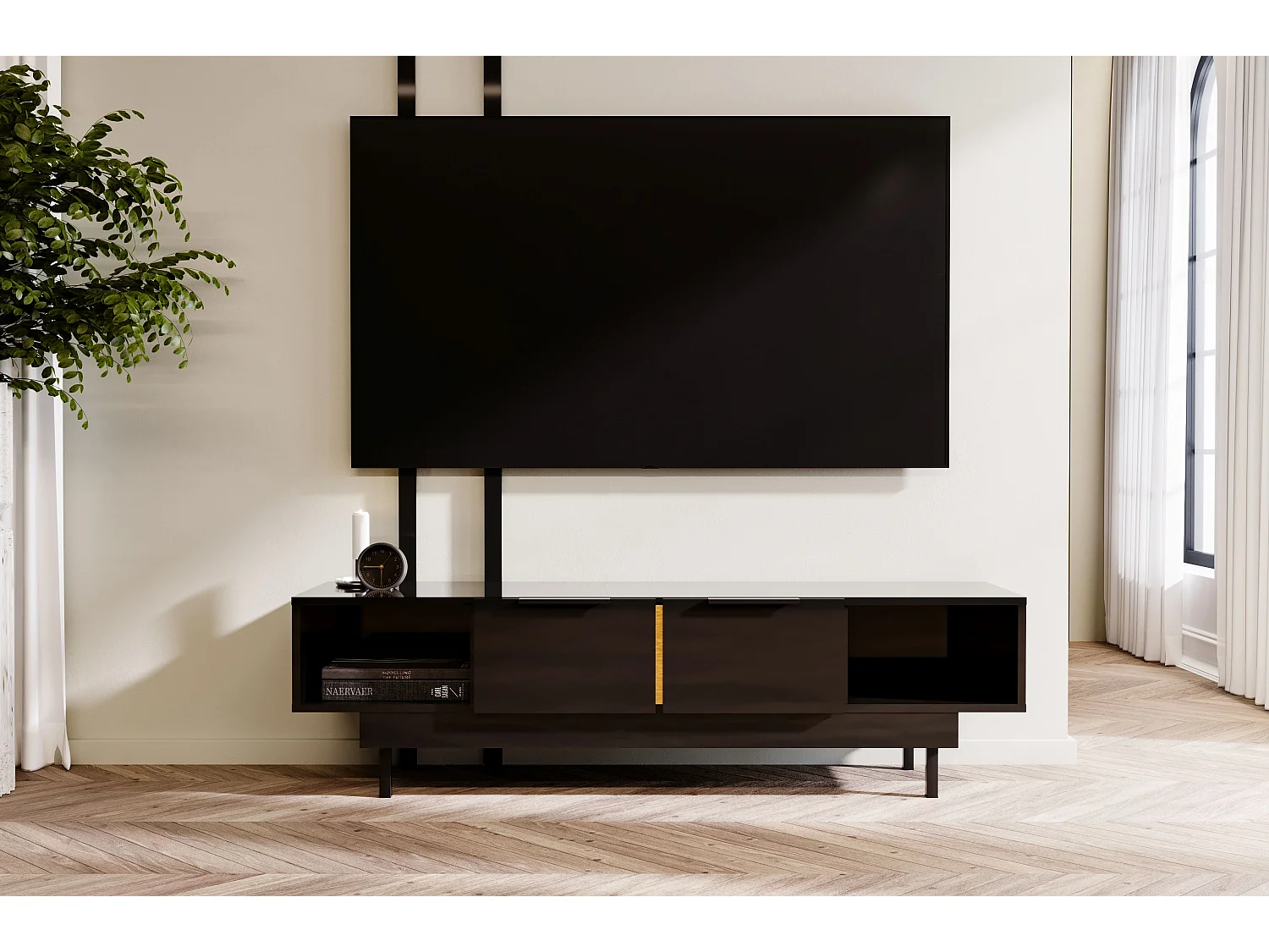 Meuble TV élégante noire ARTEMISA avec des accessoires dorés / 163 cm