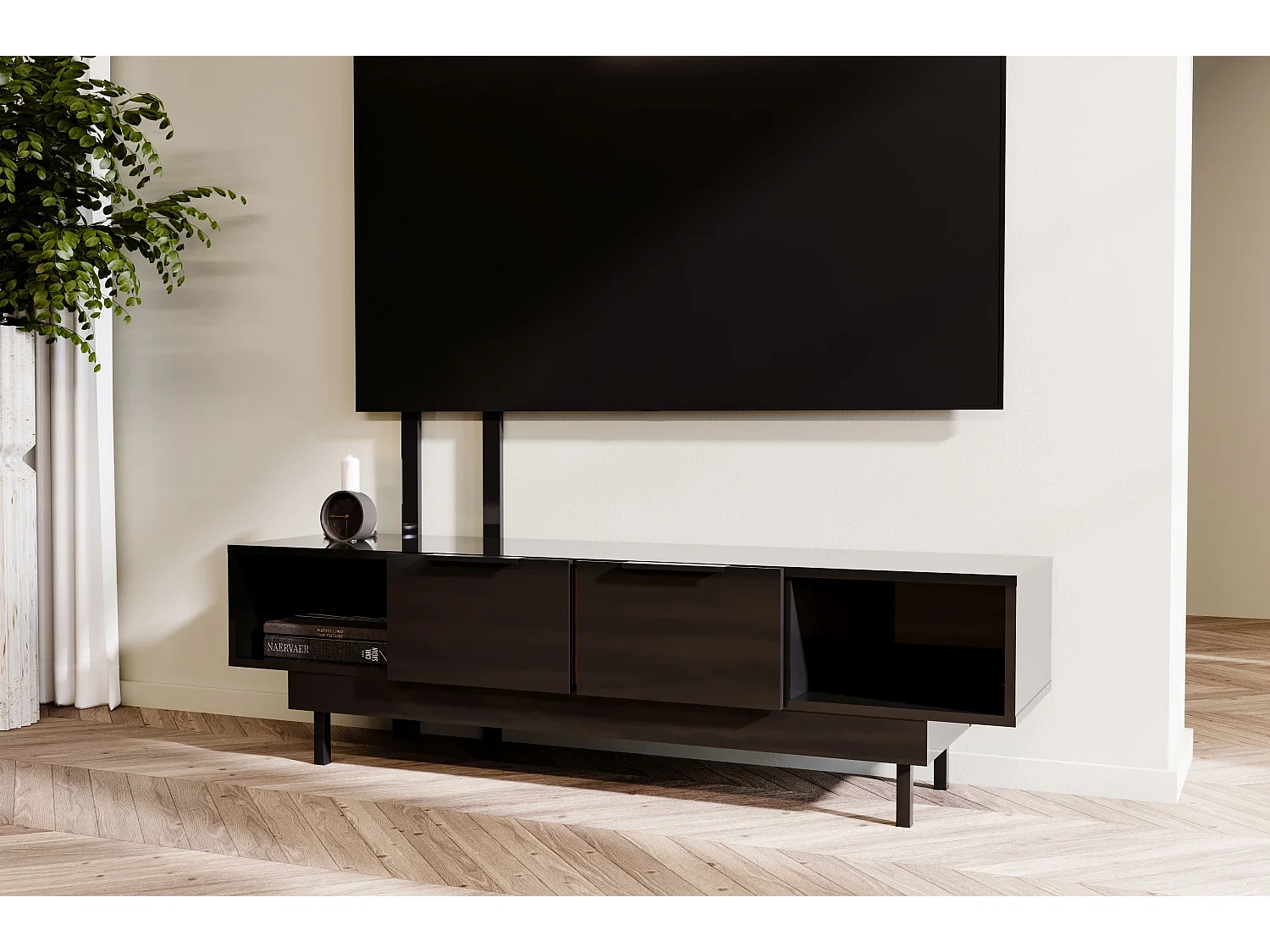 Meuble TV élégante noire ARTEMISA avec des accessoires dorés / 163 cm