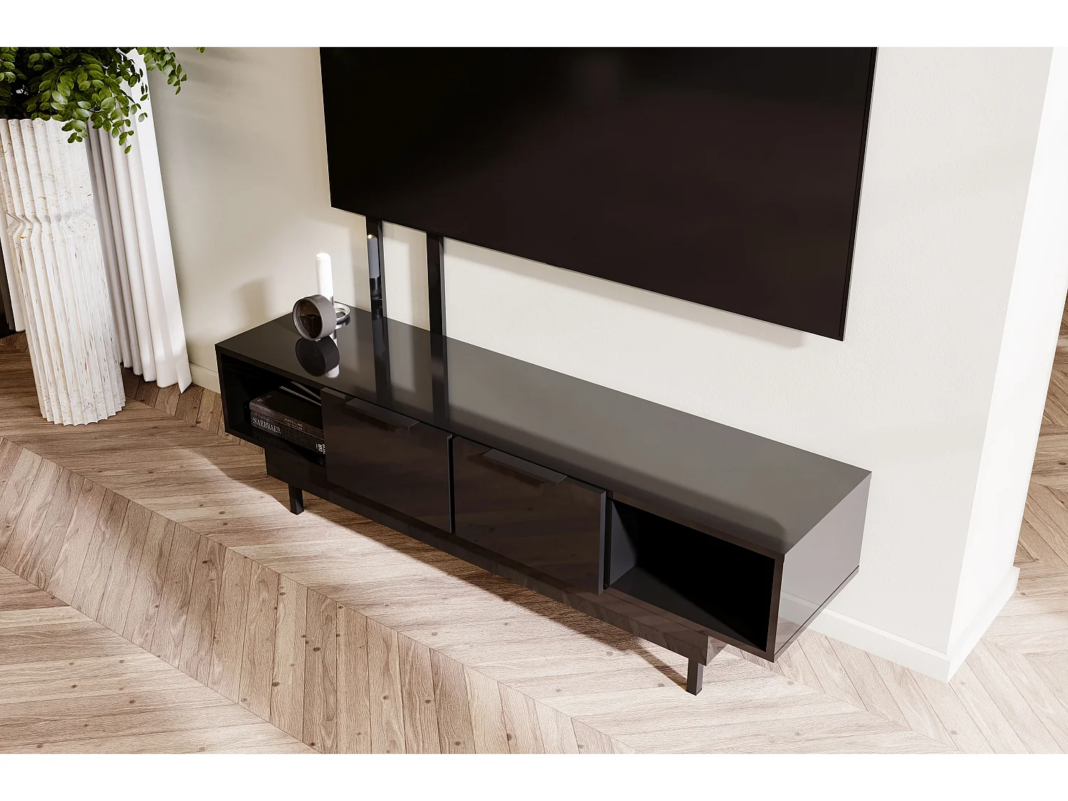 Meuble TV élégante noire ARTEMISA avec des accessoires dorés / 163 cm