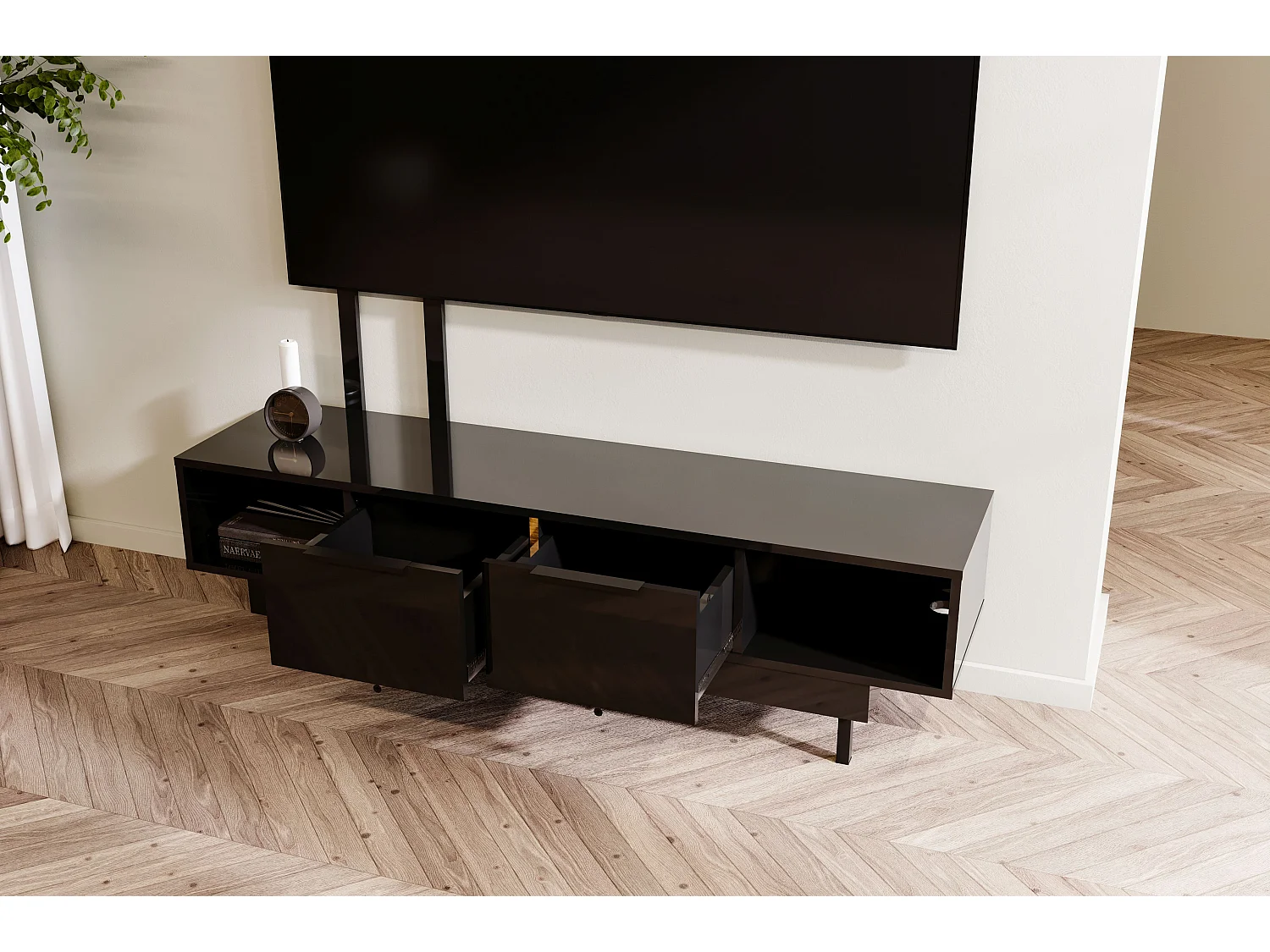 Meuble TV élégante noire ARTEMISA avec des accessoires dorés / 163 cm