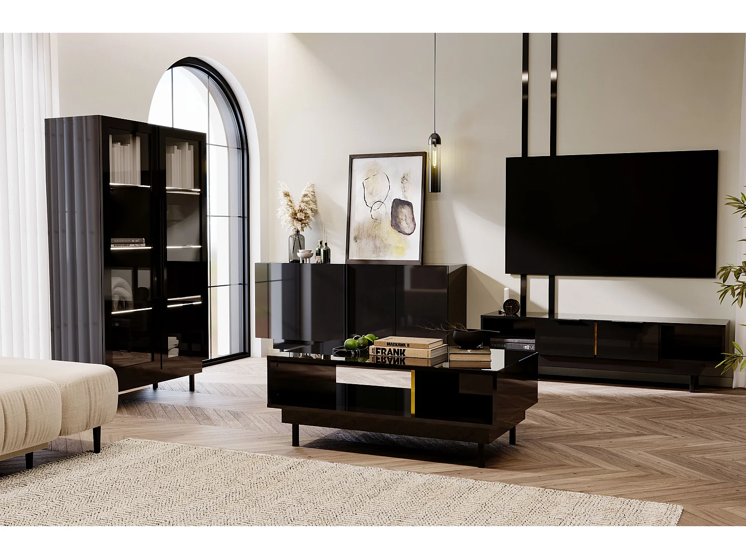 Meuble TV élégante noire ARTEMISA avec des accessoires dorés / 163 cm