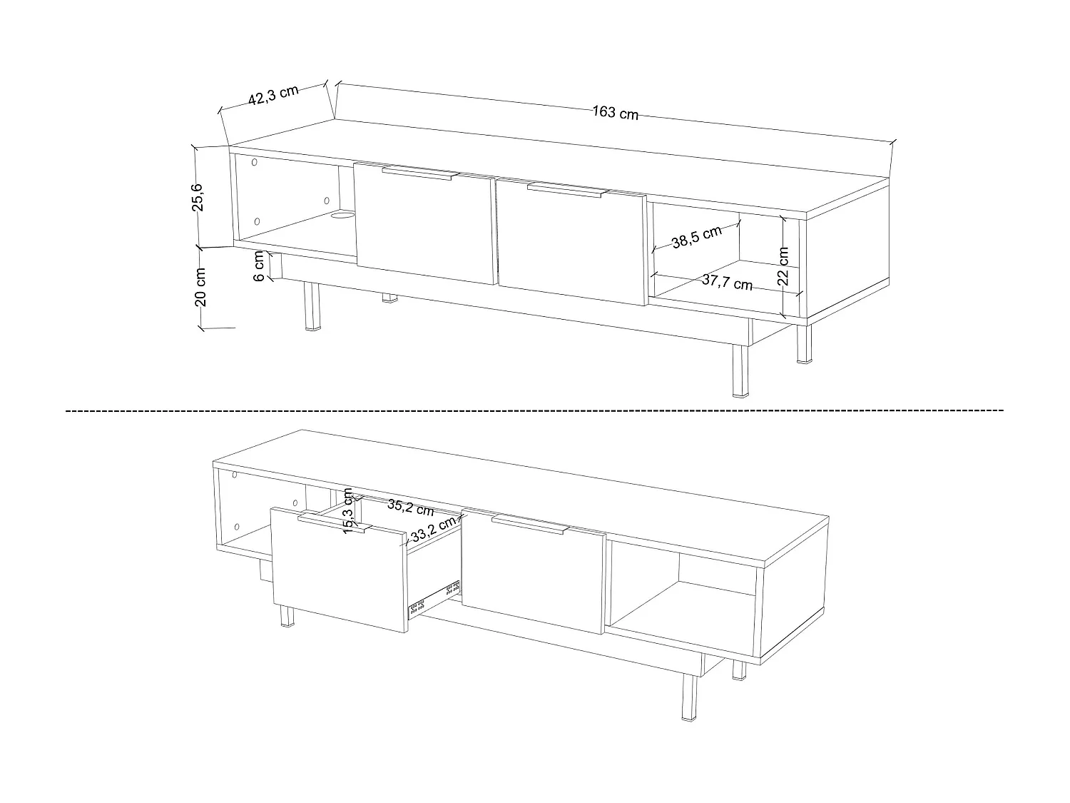 Meuble TV élégante noire ARTEMISA avec des accessoires dorés / 163 cm