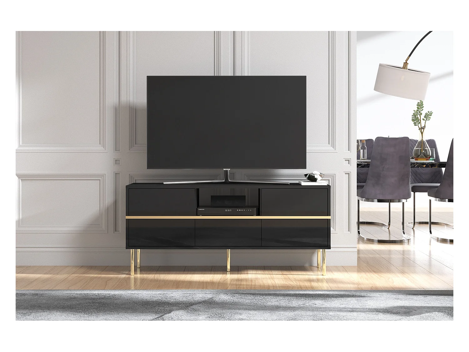 Meuble TV élégante noire MARIKA avec des accents dorés / 137,5 cm