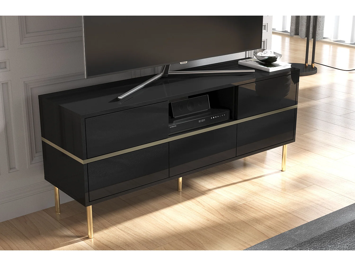 Meuble TV élégante noire MARIKA avec des accents dorés / 137,5 cm