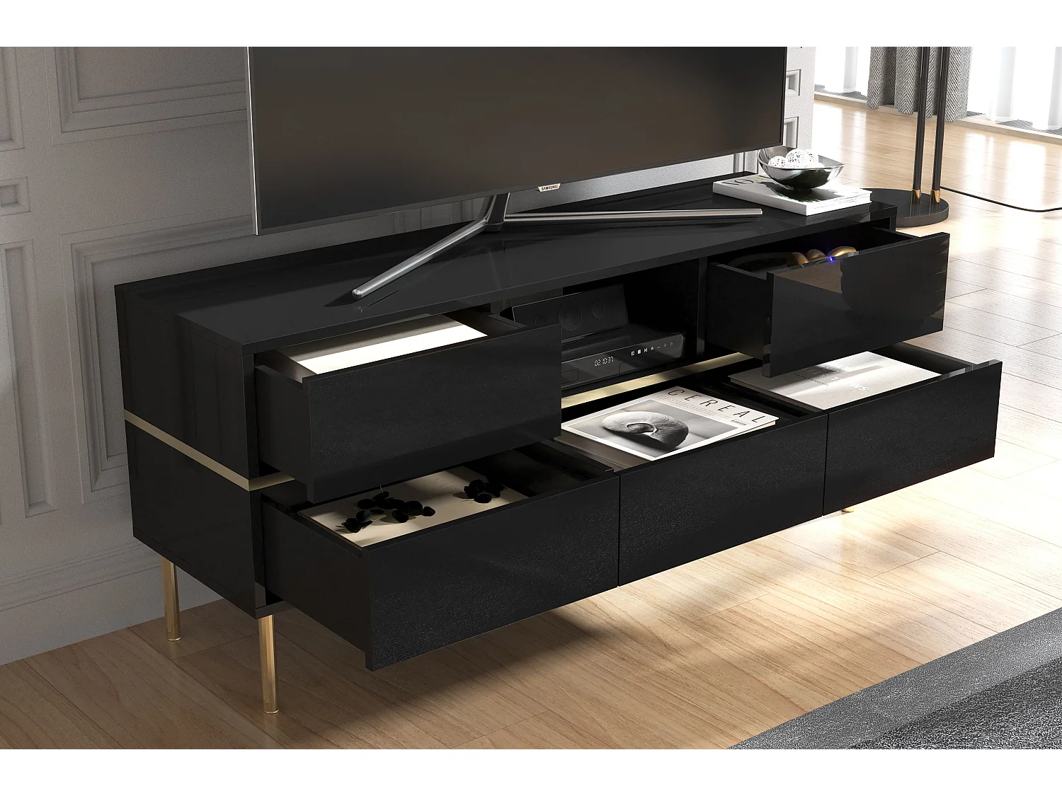 Meuble TV élégante noire MARIKA avec des accents dorés / 137,5 cm