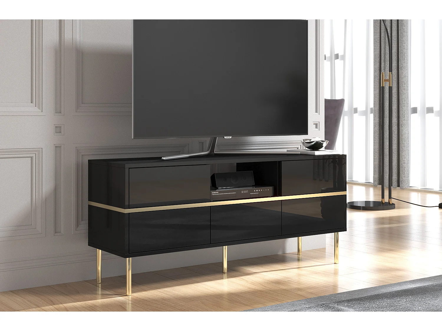 Meuble TV élégante noire MARIKA avec des accents dorés / 137,5 cm