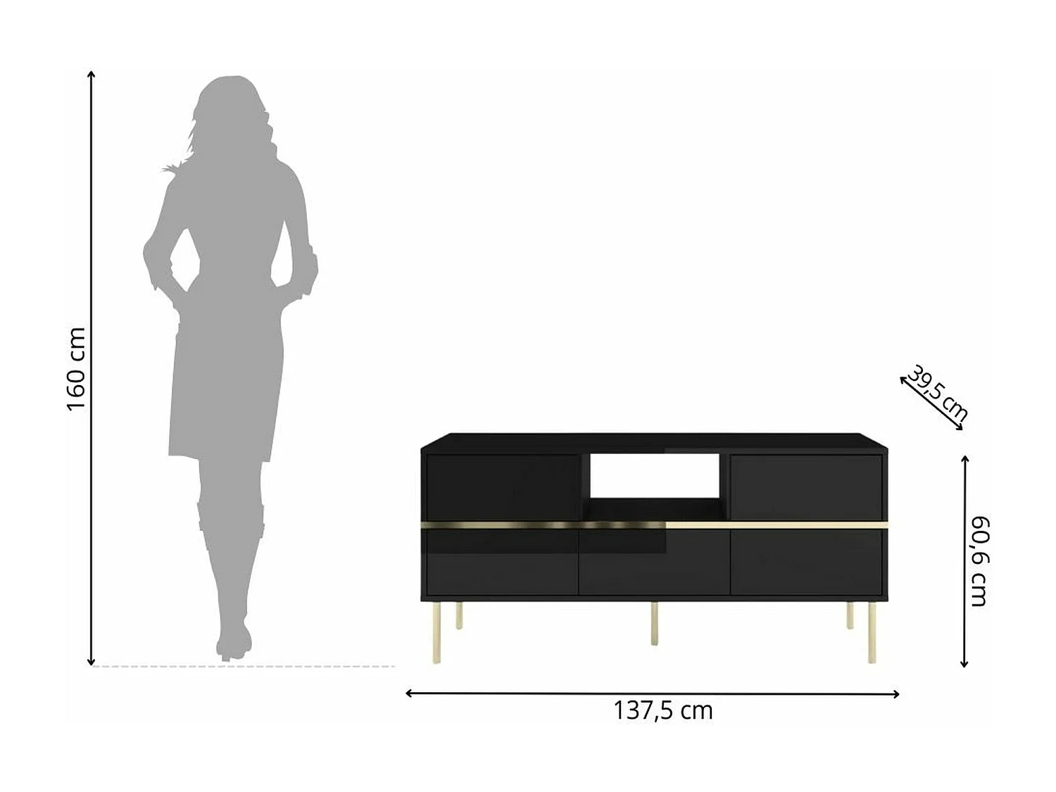 Meuble TV élégante noire MARIKA avec des accents dorés / 137,5 cm