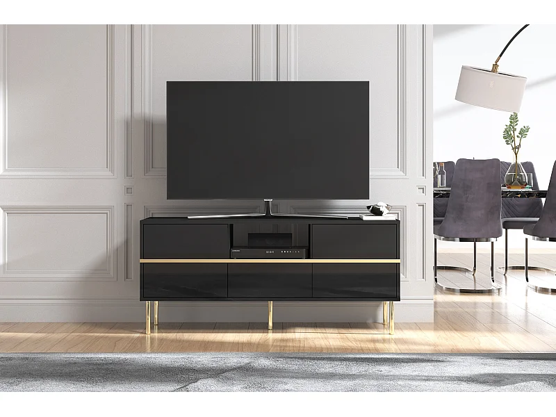 Meuble TV élégante noire MARIKA avec des accents dorés / 137,5 cm