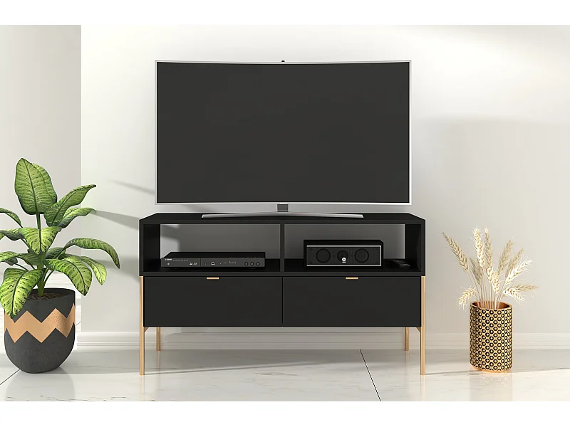 Czarna komoda RTV Skandica POLKA na złotych nóżkach