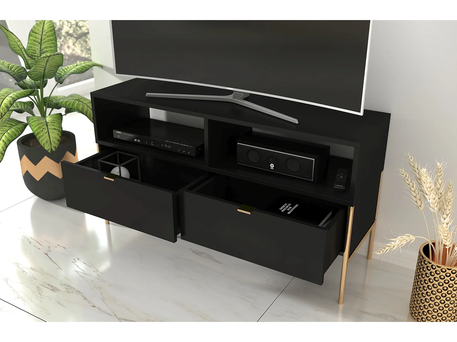 Czarna komoda RTV Skandica POLKA na złotych nóżkach