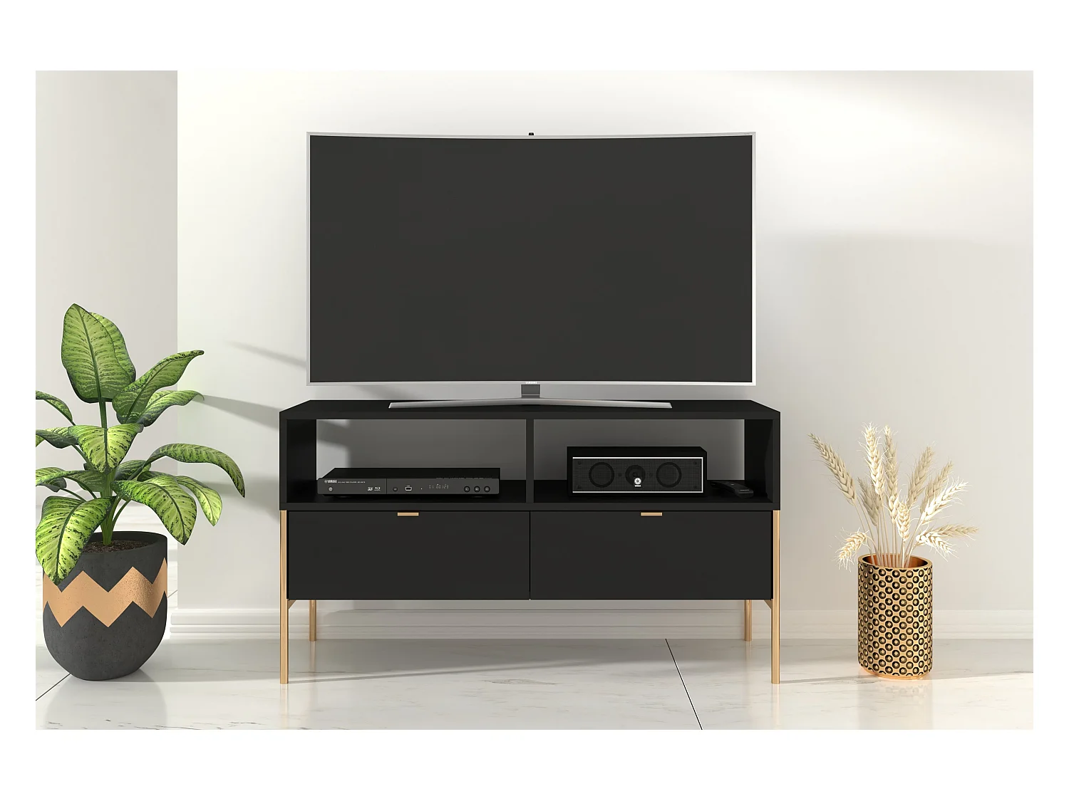 Meuble TV élégant noire POLKA sur des pieds dorés / 120 cm