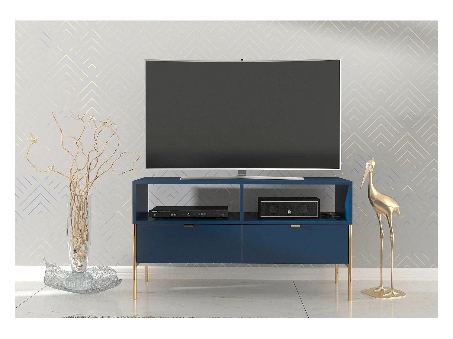 Meuble TV élégant bleu marine POLKA sur pieds dorés / 120 cm