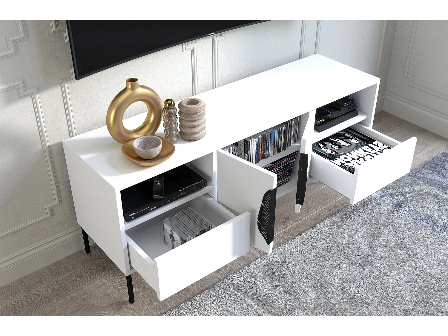 Biała komoda RTV Skandica MERLIN z czarnymi dodatkami