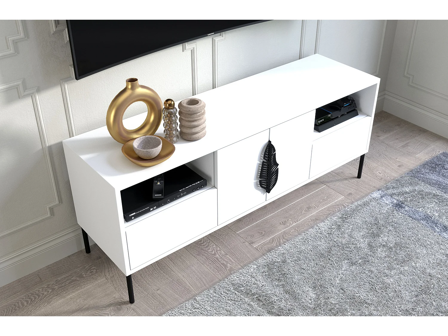 Lowboard Merlin, weiß, schwarze details