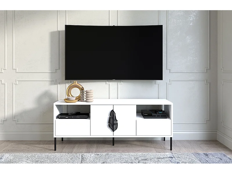 Meuble TV MERLIN blanc avec accessoires noir / 138 cm
