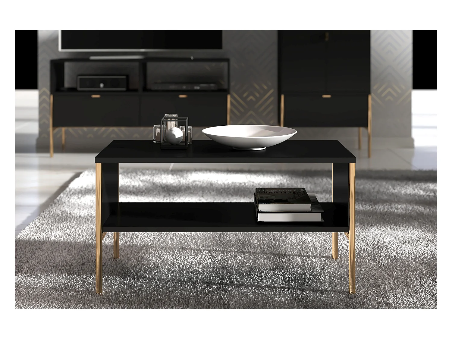 Table basse élégante noire POLKA sur pieds dorés / 80 x 37 cm