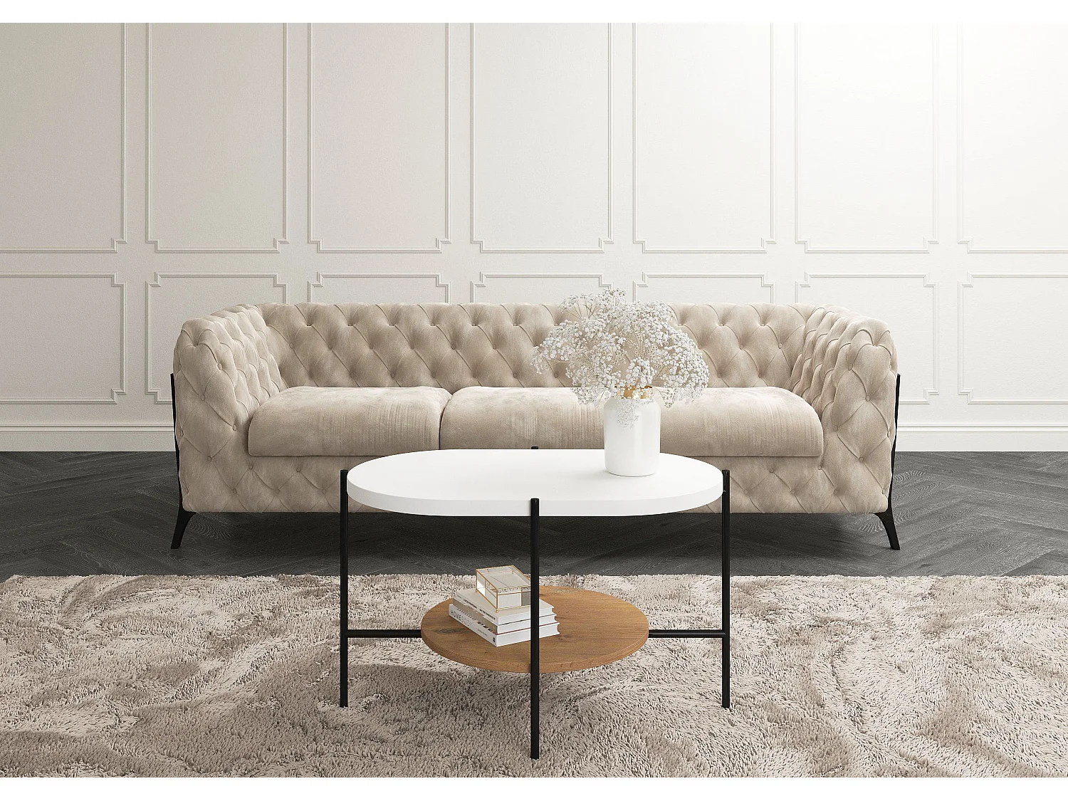 Table basse moderne ARENA / Base noire + Plateau blanc et chêne / 80 x 50 cm