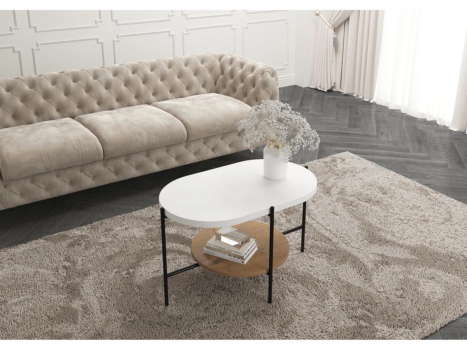 Table basse moderne ARENA / Base noire + Plateau blanc et chêne / 80 x 50 cm