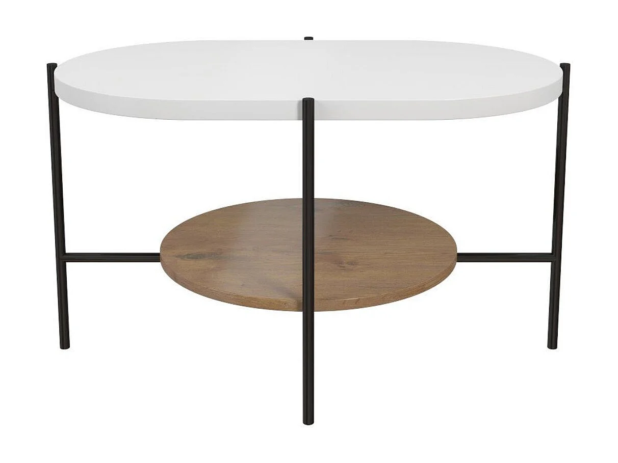 Table basse moderne ARENA / Base noire + Plateau blanc et chêne / 80 x 50 cm
