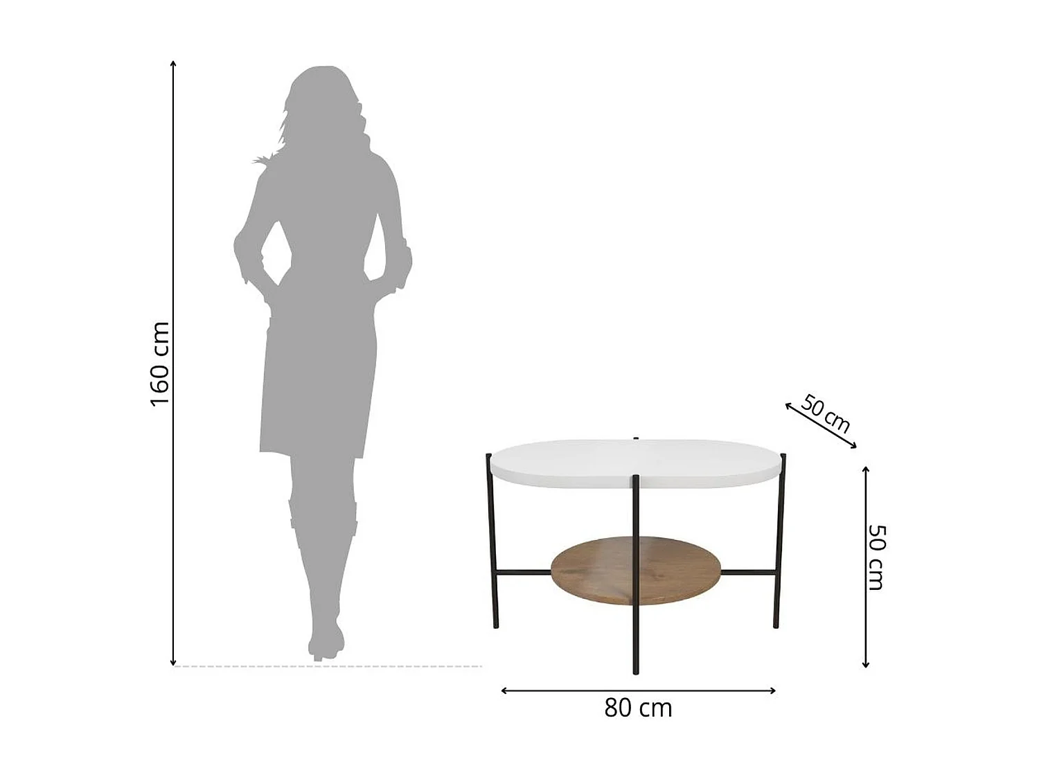 Table basse moderne ARENA / Base noire + Plateau blanc et chêne / 80 x 50 cm