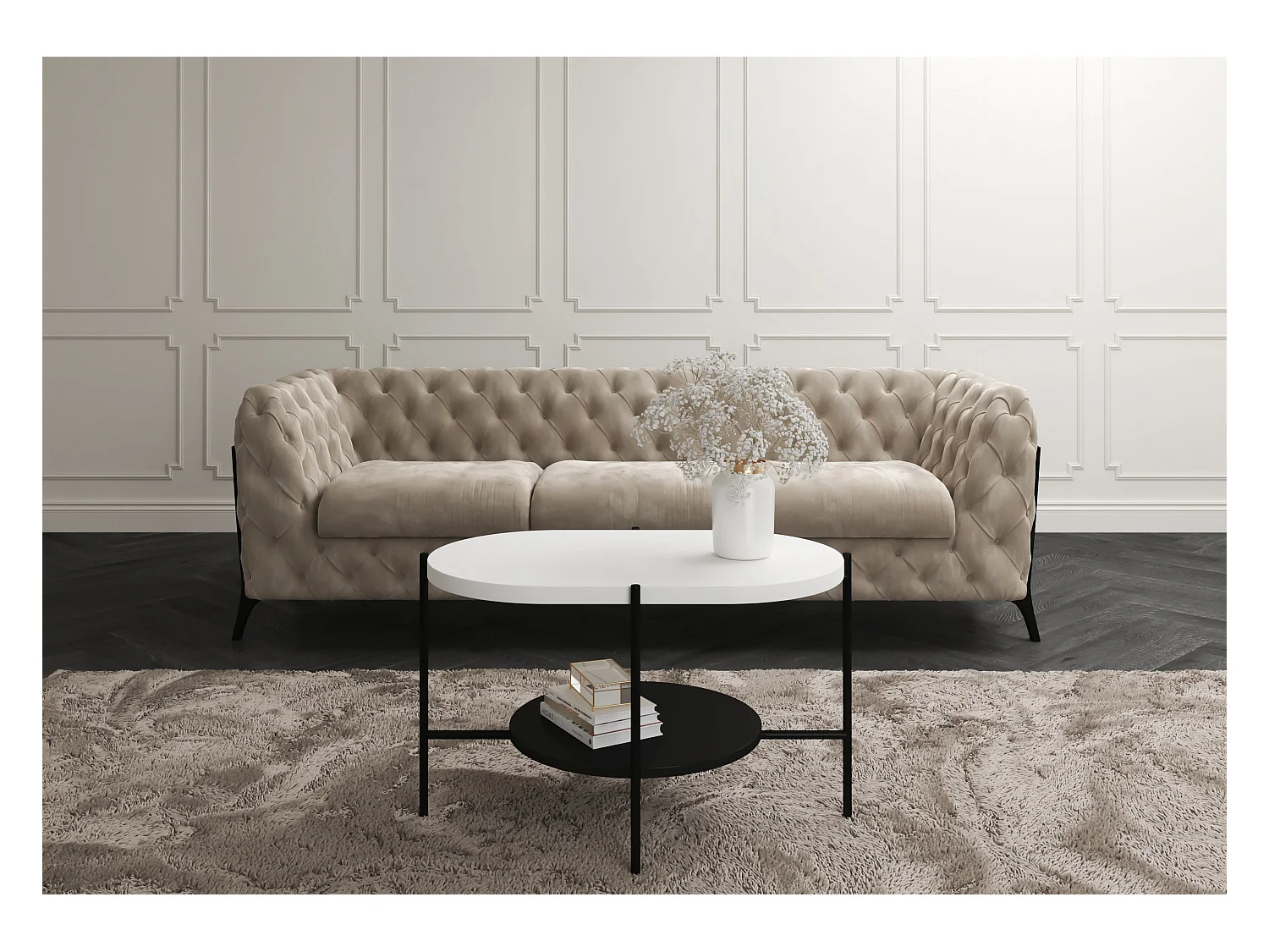 Table basse moderne ARENA / Base noire + Plateau blanc et noir / 80 x 50 cm