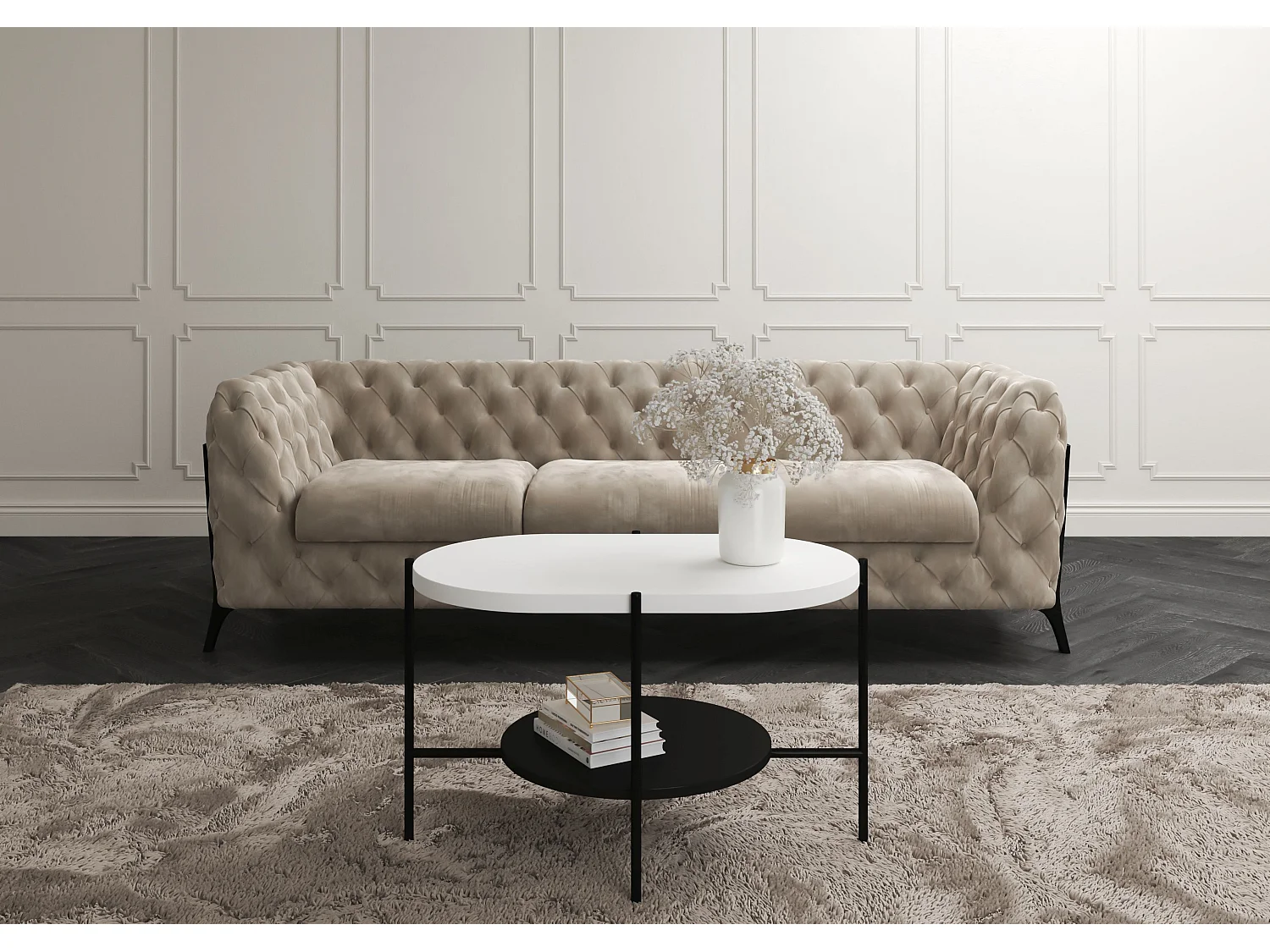 Table basse moderne ARENA / Base noire + Plateau blanc et noir / 80 x 50 cm