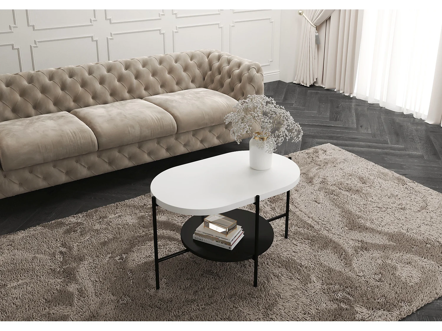 Table basse moderne ARENA / Base noire + Plateau blanc et noir / 80 x 50 cm